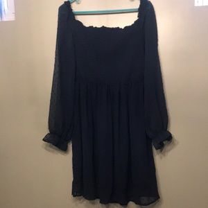 Large. Dotted Swiss Smocked Long Sleeve Mini Dress-Navy